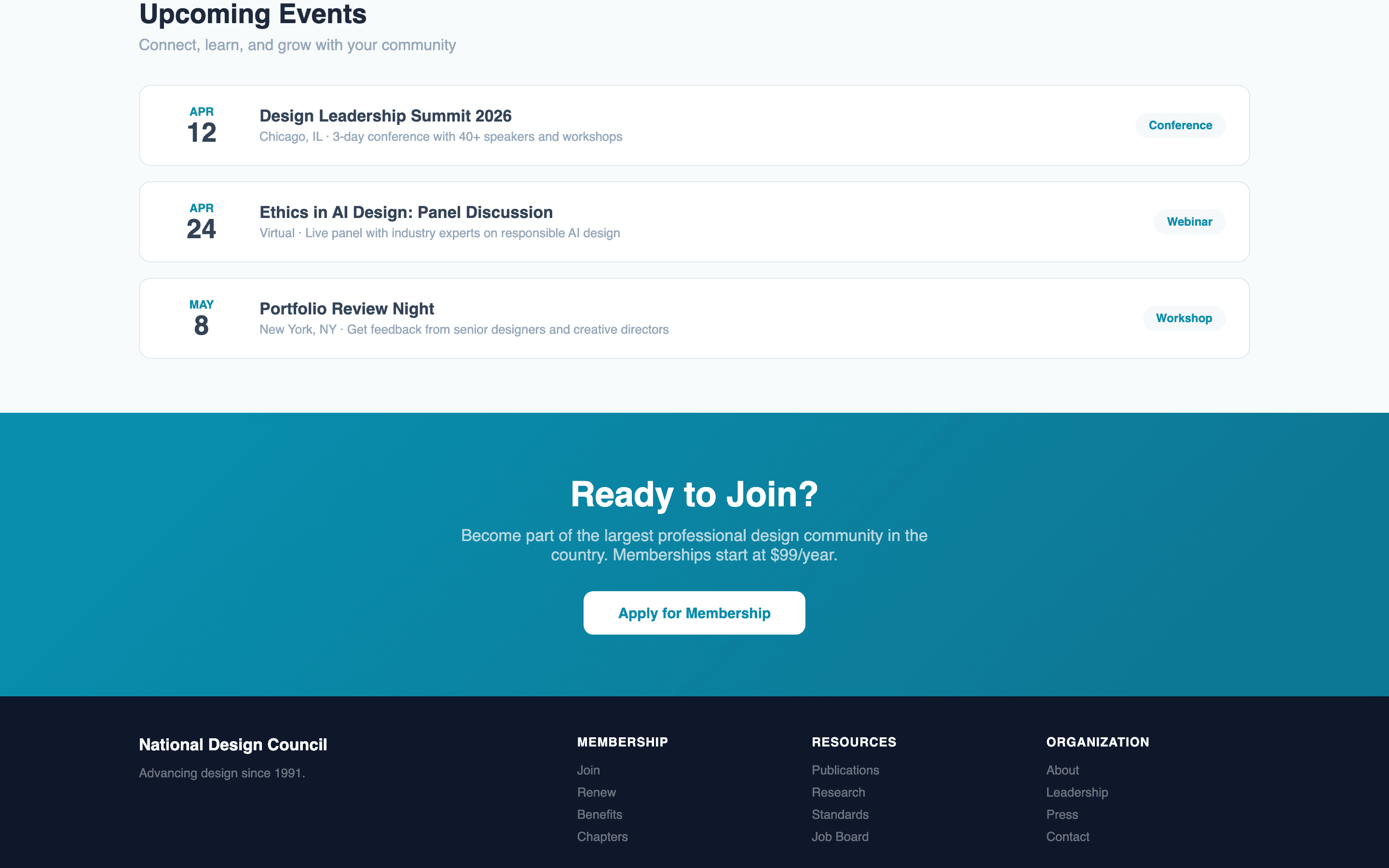 Events page with conference, webinar, and networking event cards
