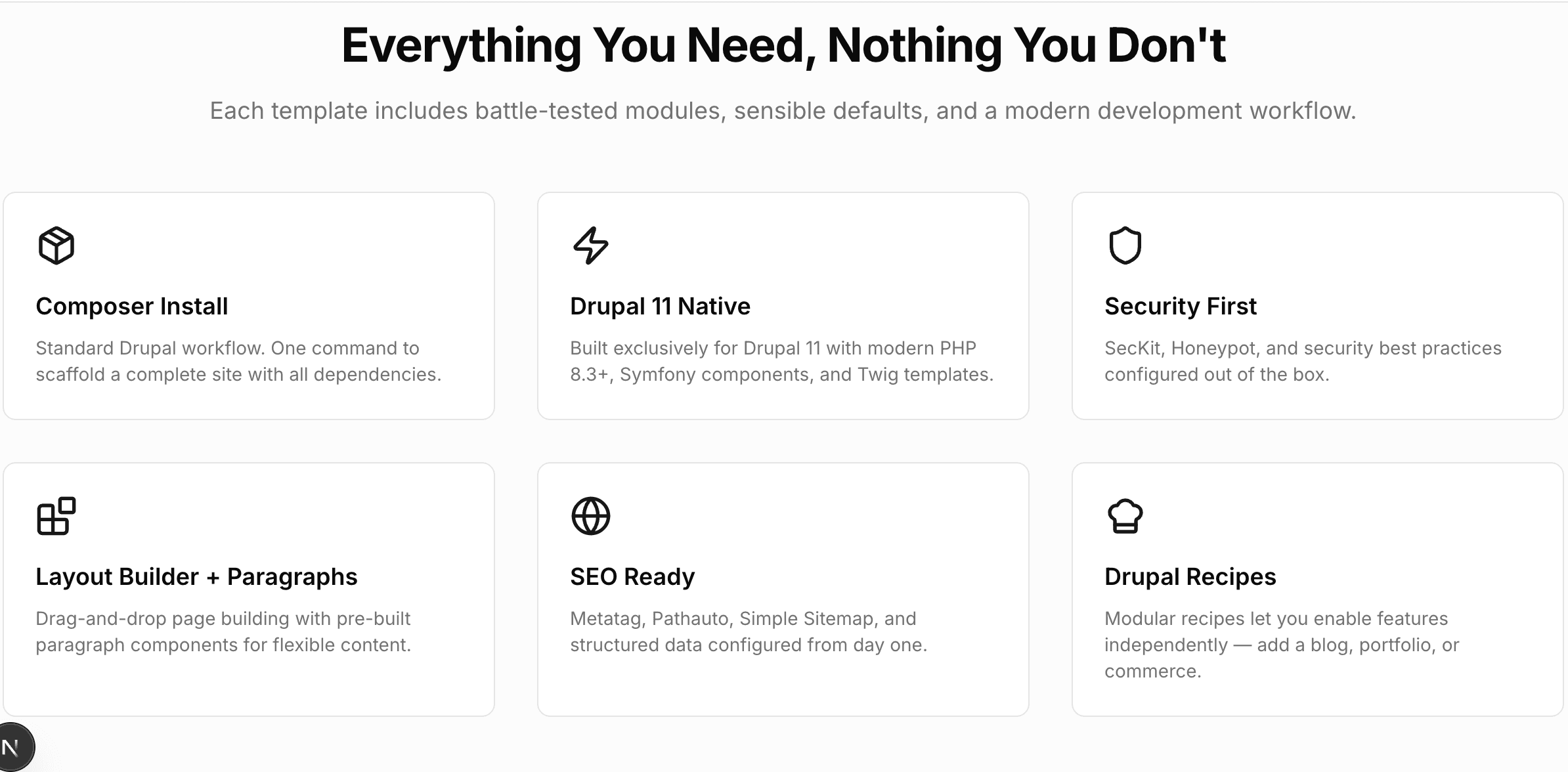Feature grid showing Composer, Drupal 11, Security, Layout Builder, SEO, and Recipes