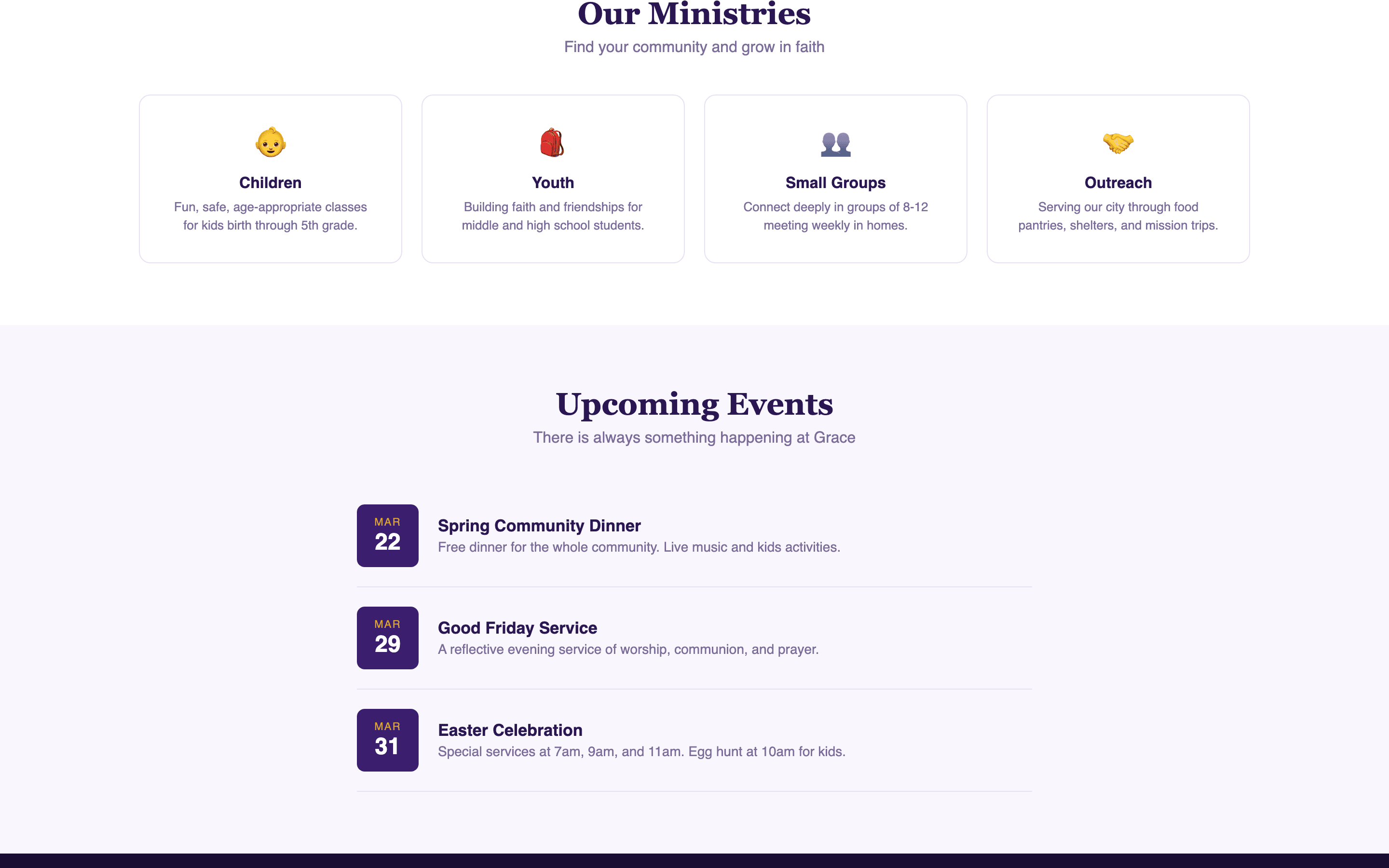 Ministry pages showing youth, worship, outreach, and small groups