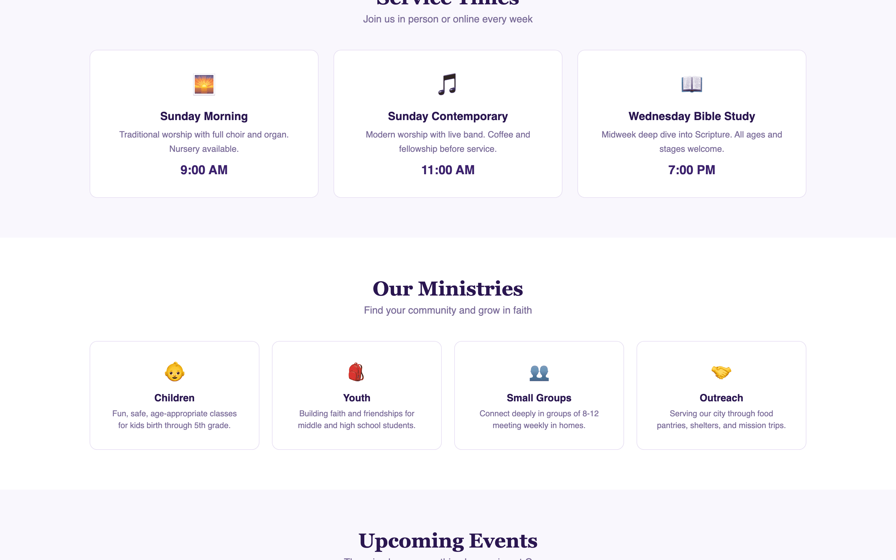 Service times and sermon archive with audio and video players