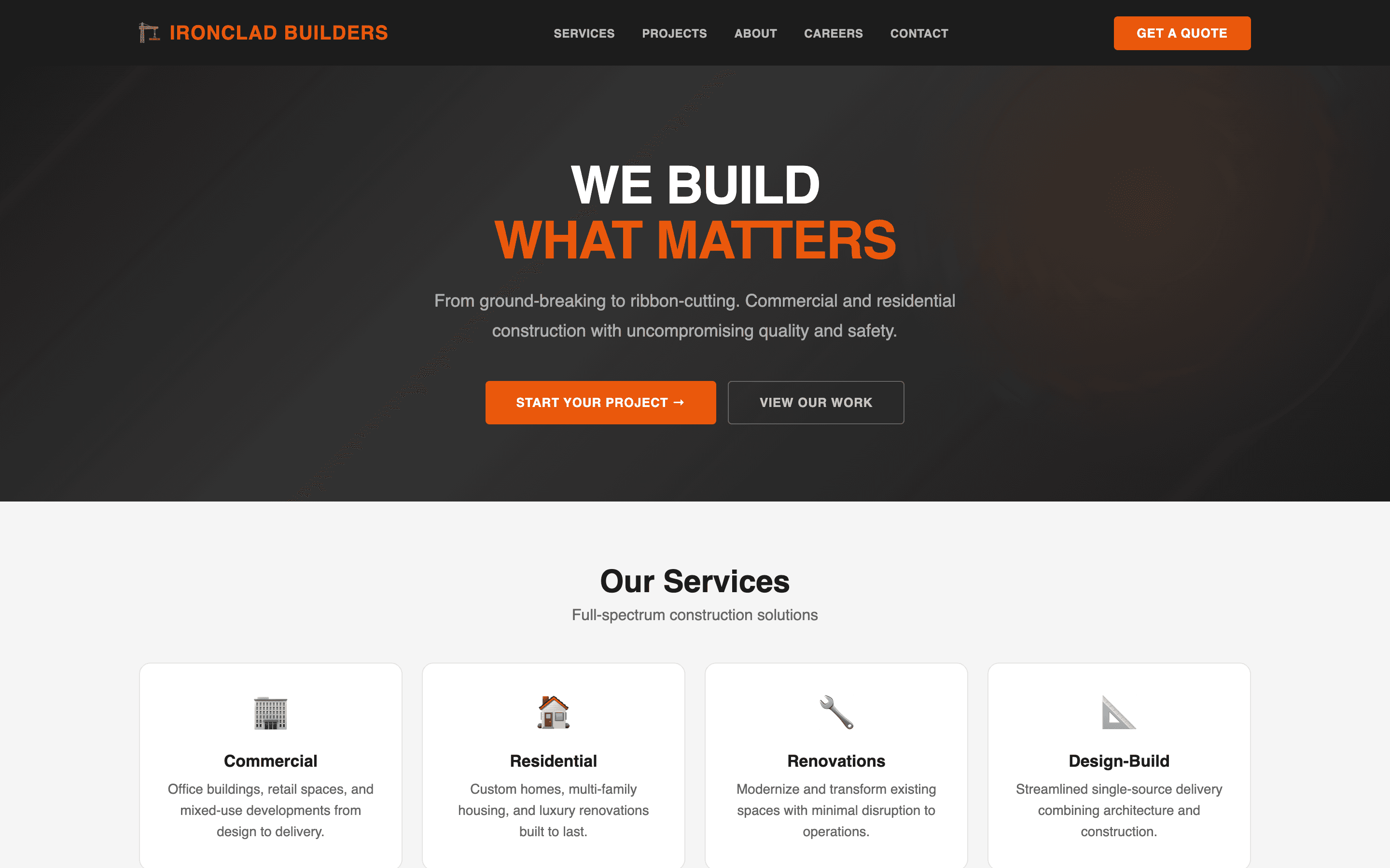 Construction company homepage with bold hero, project showcase, and safety stats