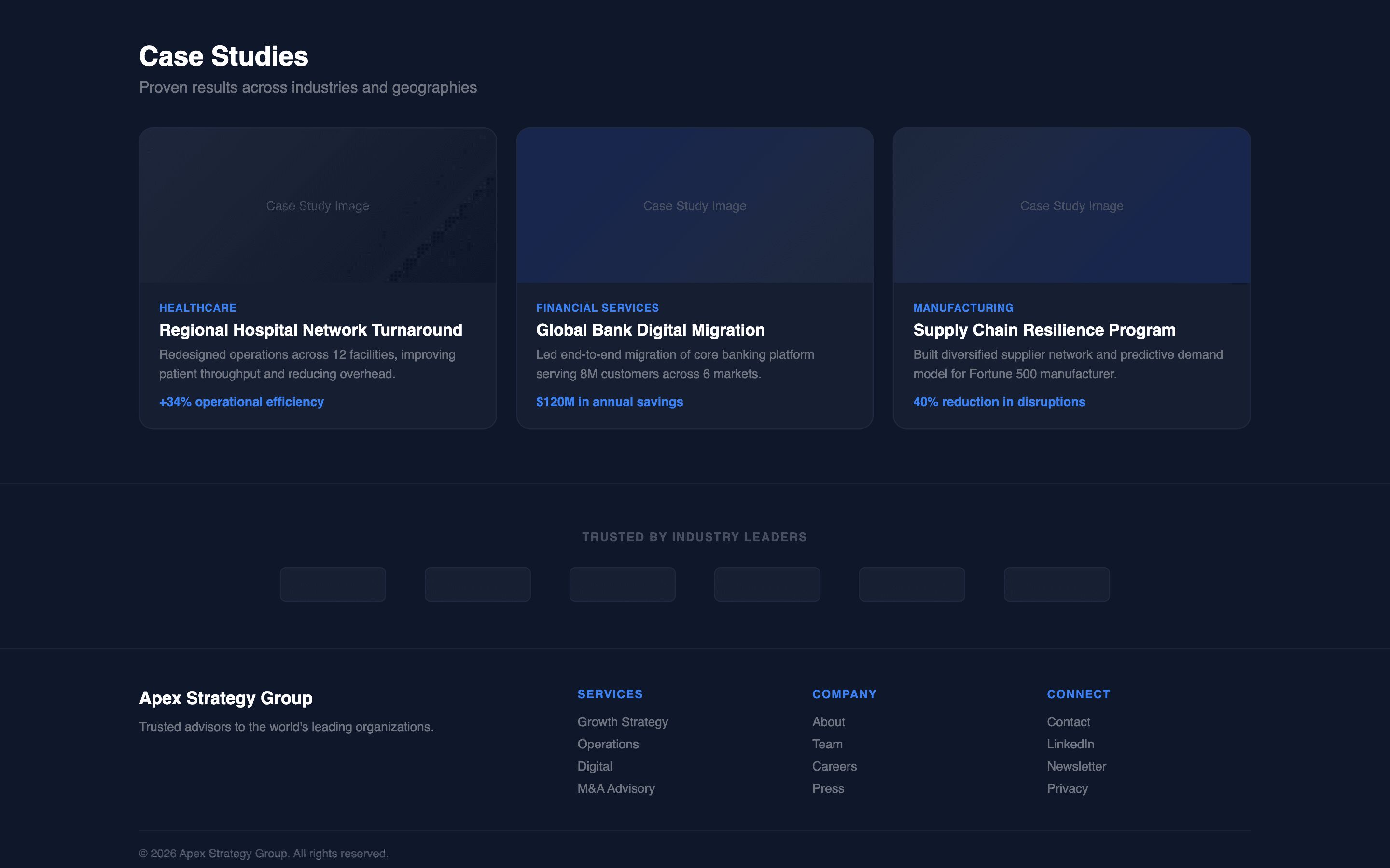 Case studies page with metrics, client logos, and results summaries