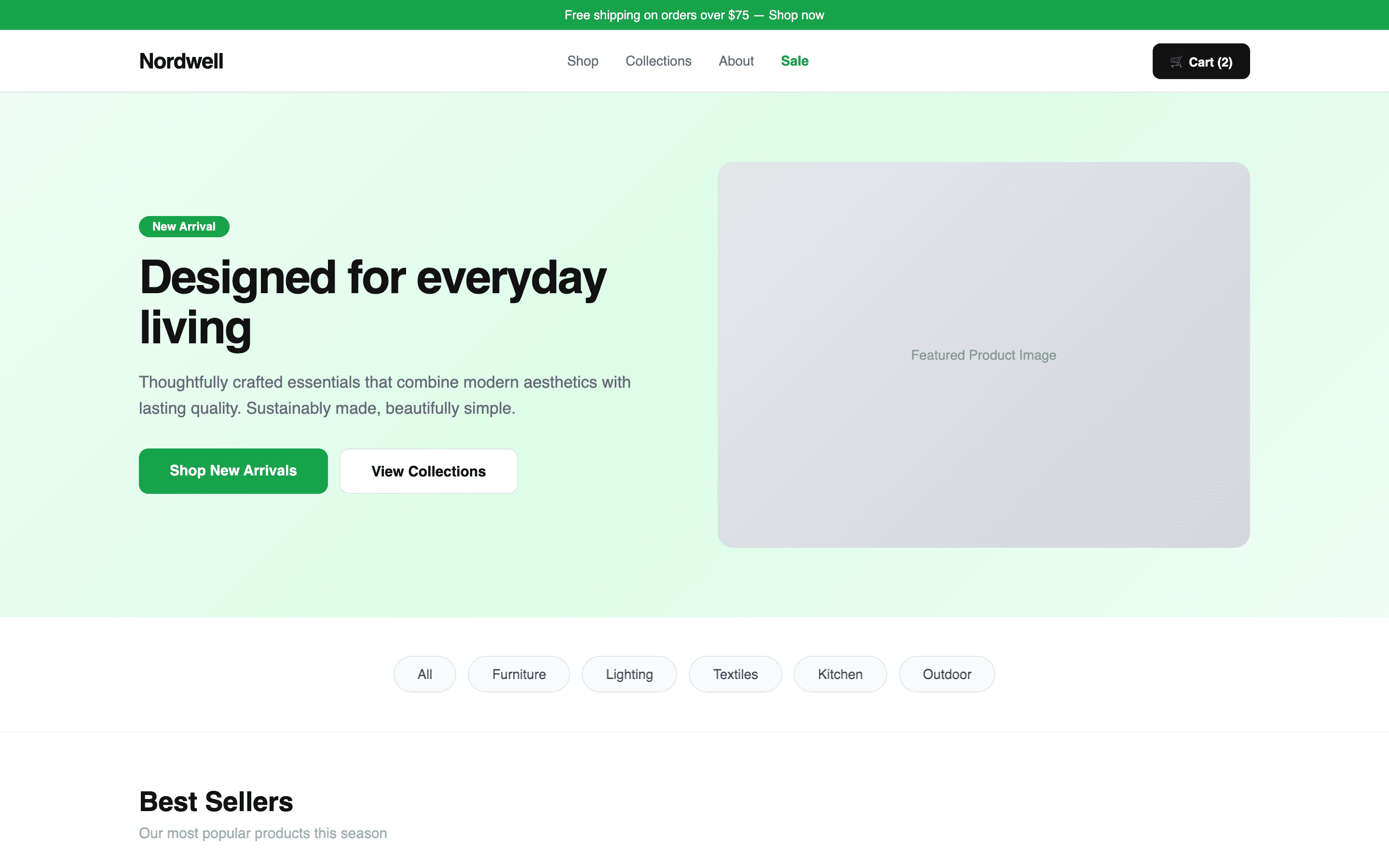 E-commerce homepage with product hero, collection banners, and featured items