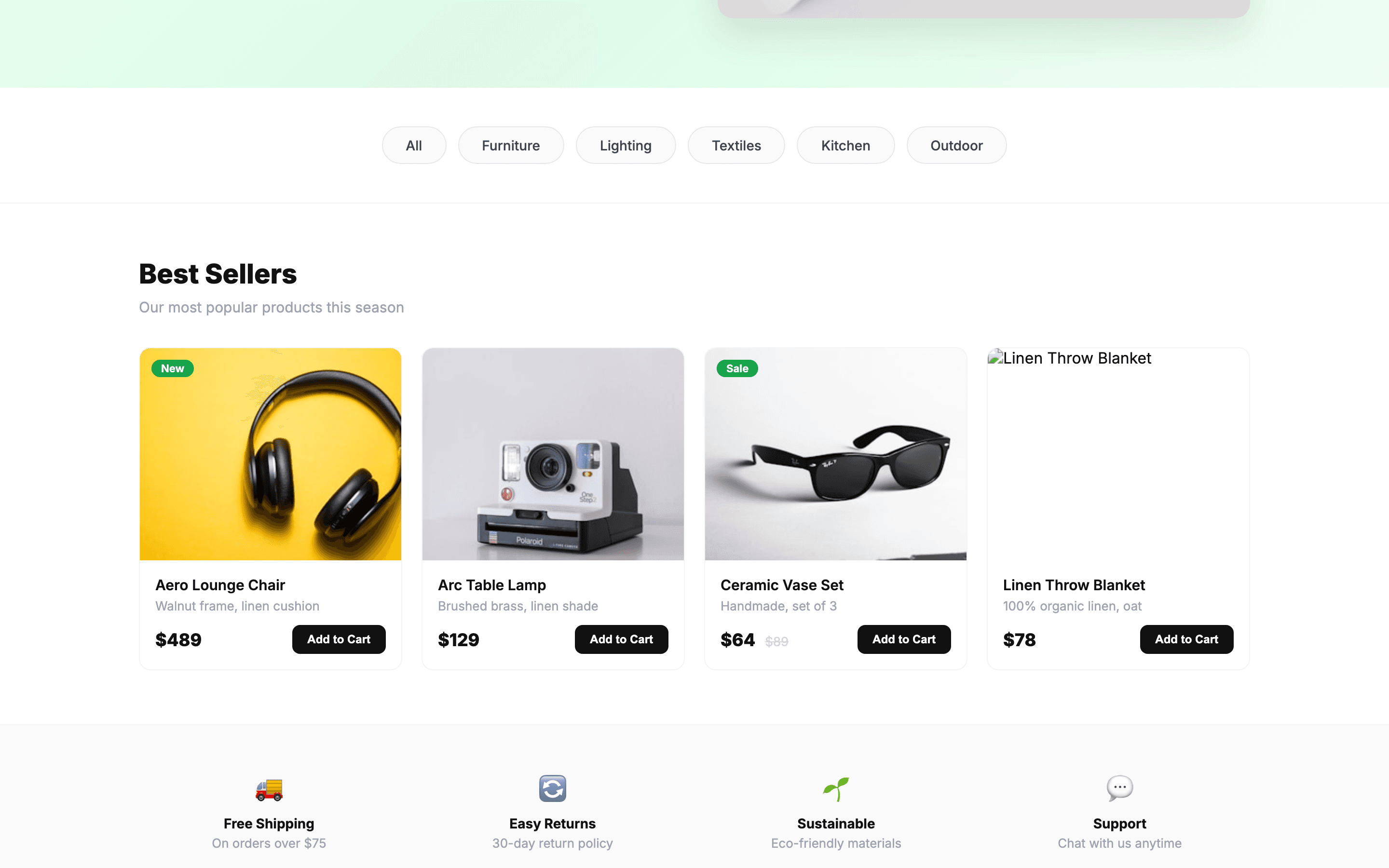 Product listing grid with filters, prices, and add to cart buttons