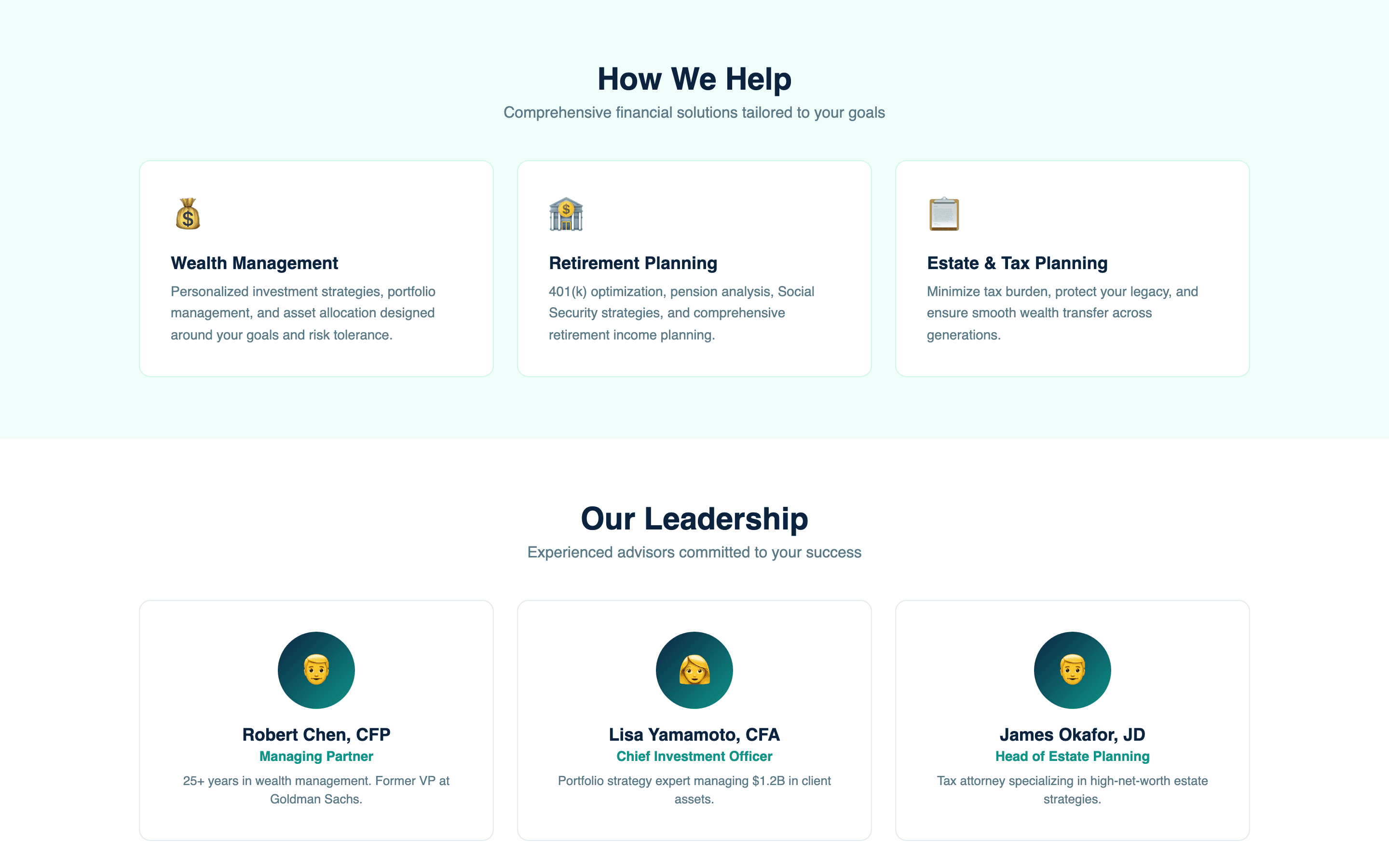 Financial services page with wealth management, tax planning, and retirement cards