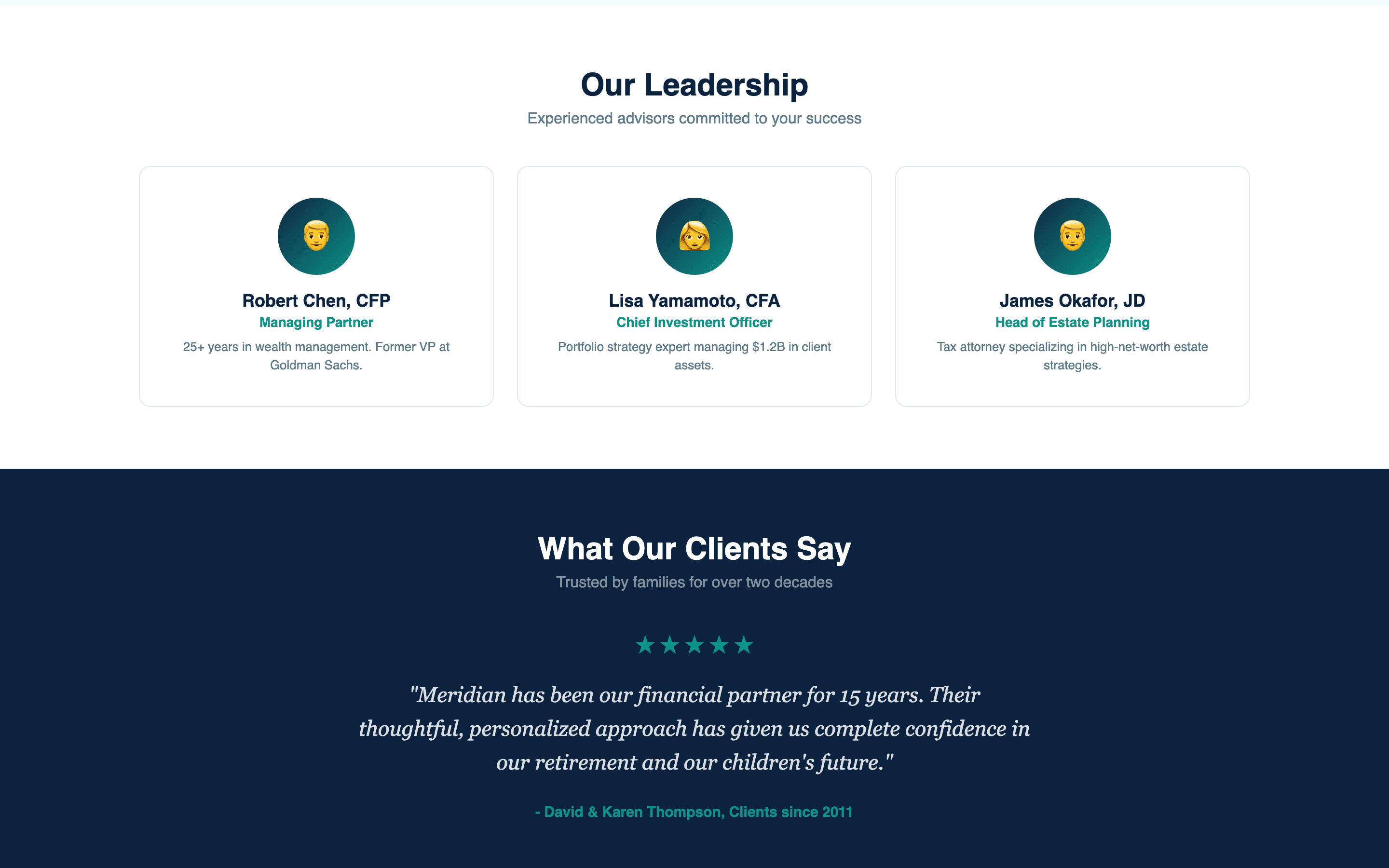 Advisor team page with professional photos and credentials