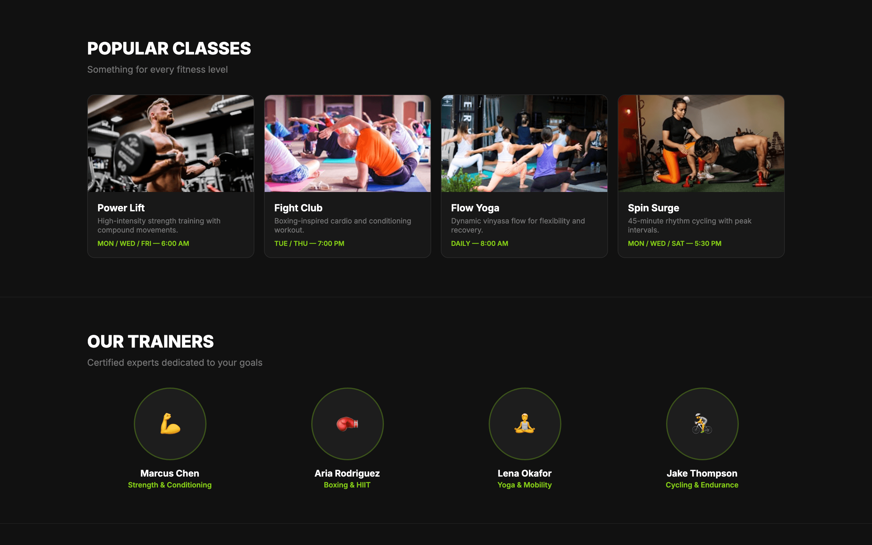 Class schedule grid with HIIT, yoga, cycling, and strength categories