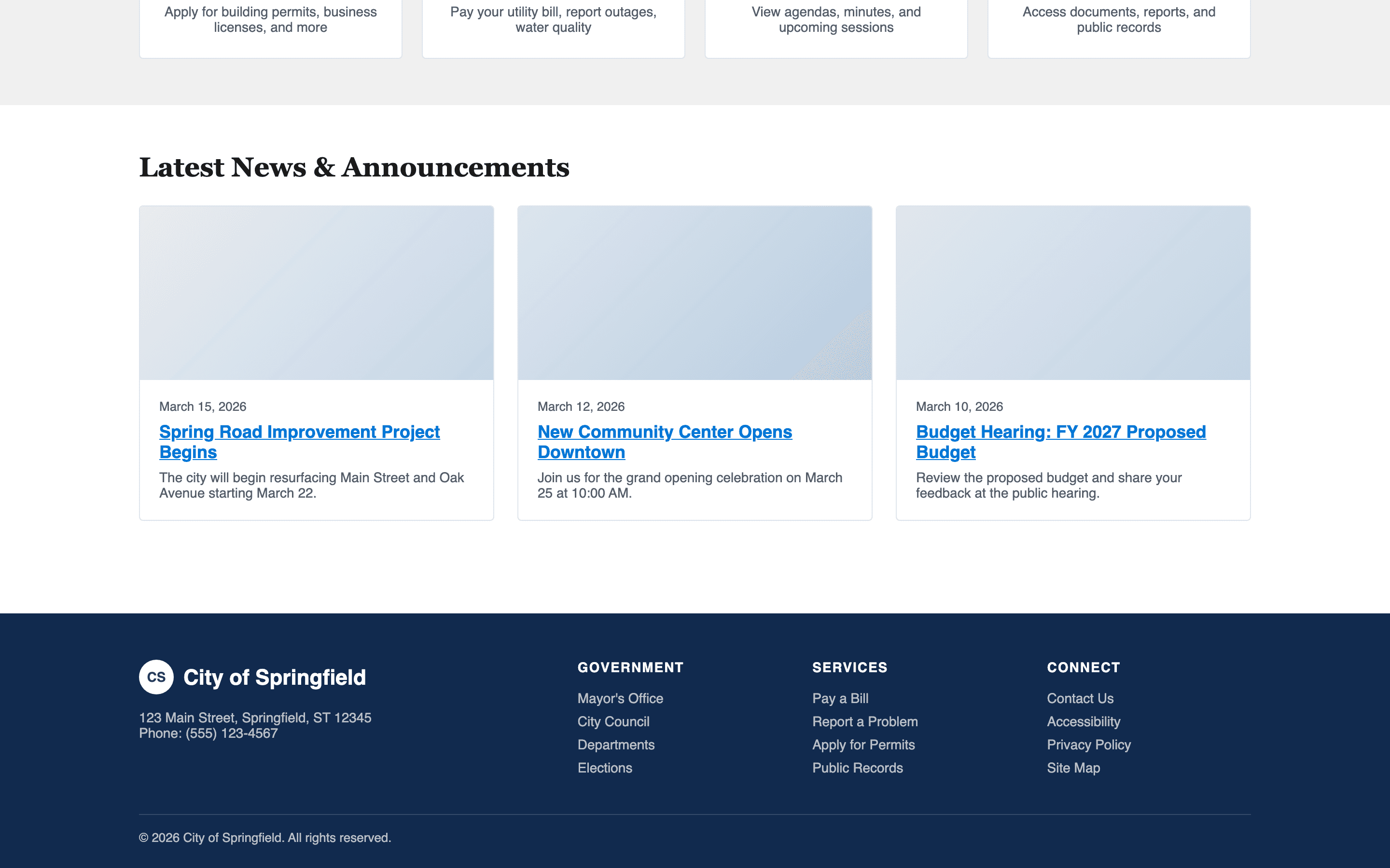 Latest news and announcements section with article cards