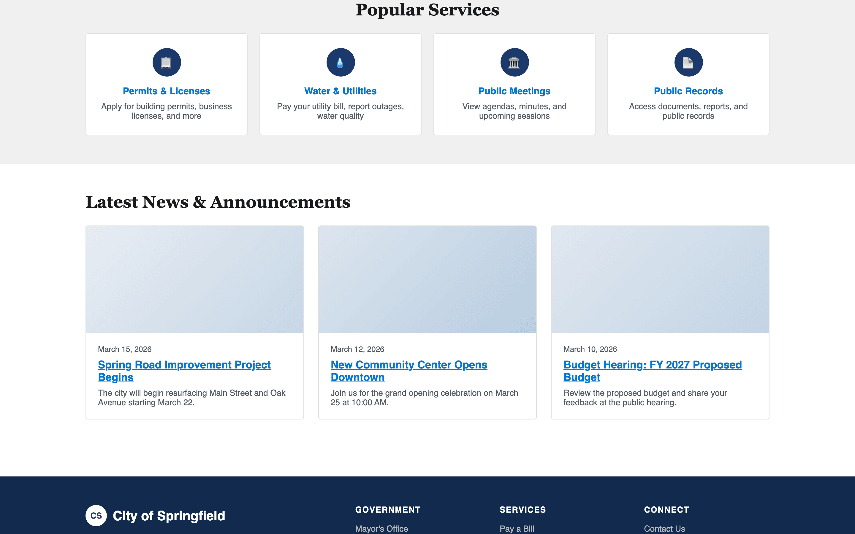 Popular services section with permits, utilities, meetings, and records cards