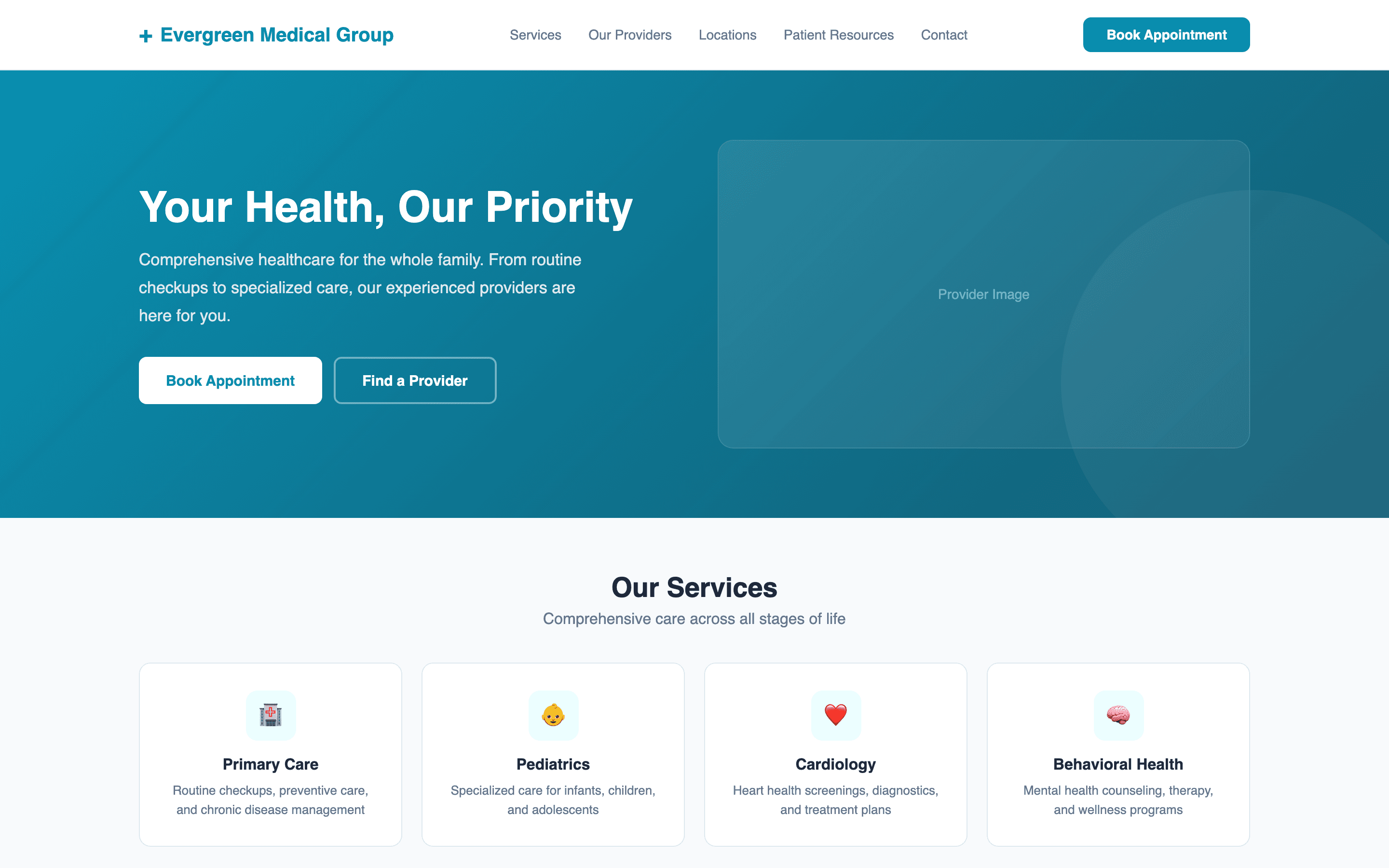 Healthcare clinic homepage with hero, appointment booking, and services grid