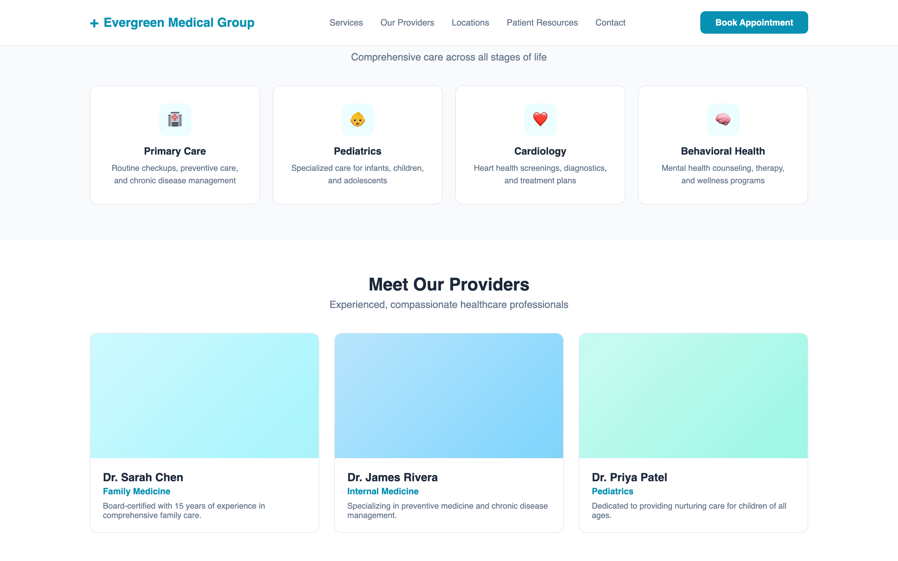 Services section showing primary care, pediatrics, cardiology, and behavioral health