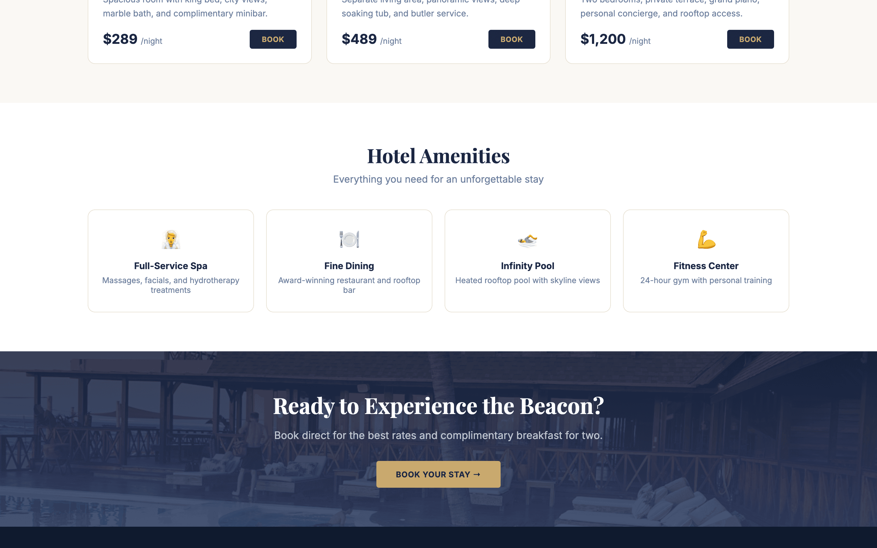 Hotel amenities page showing spa, pool, dining, and fitness facilities