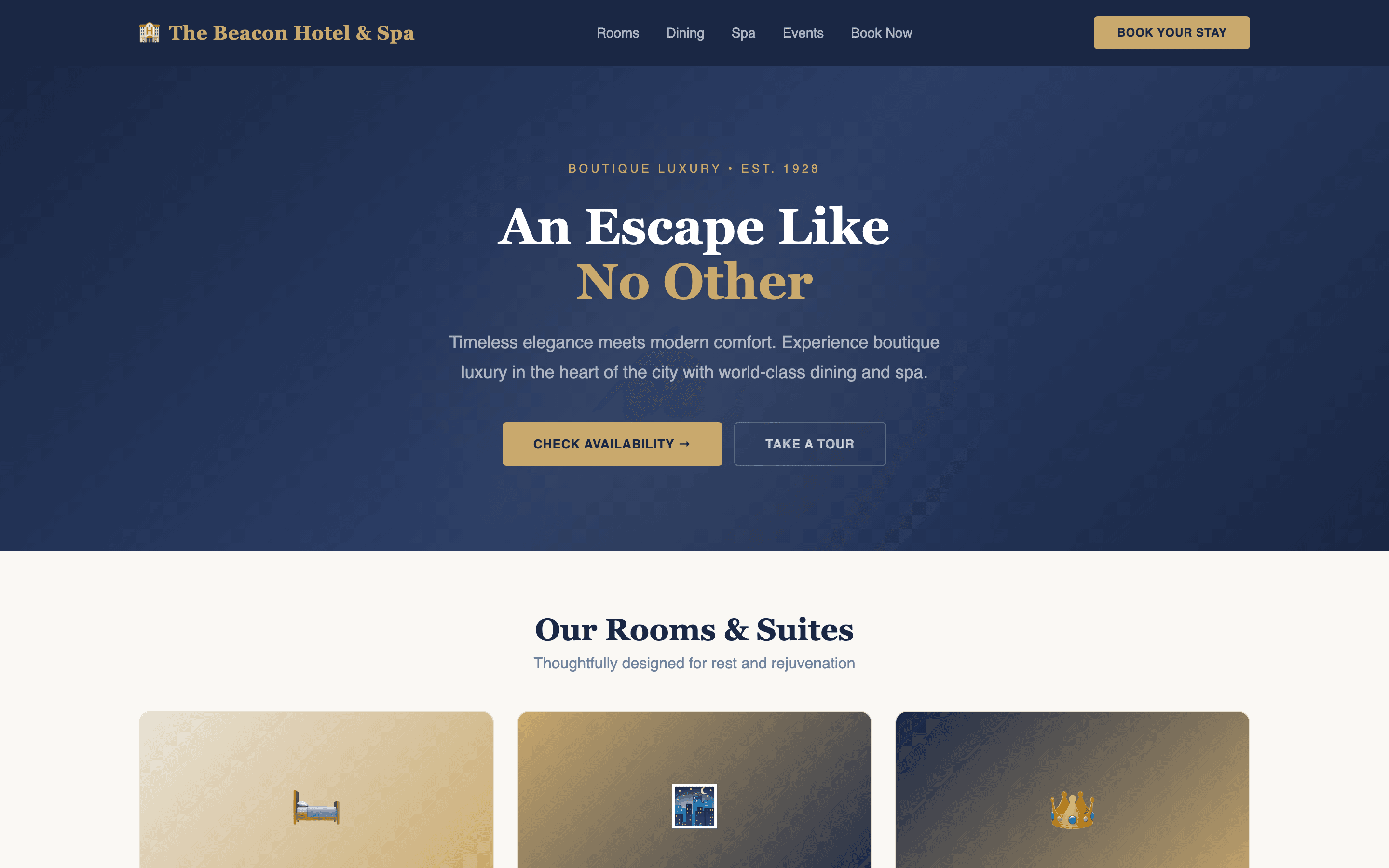 Hotel homepage with luxury hero imagery, booking widget, and room highlights