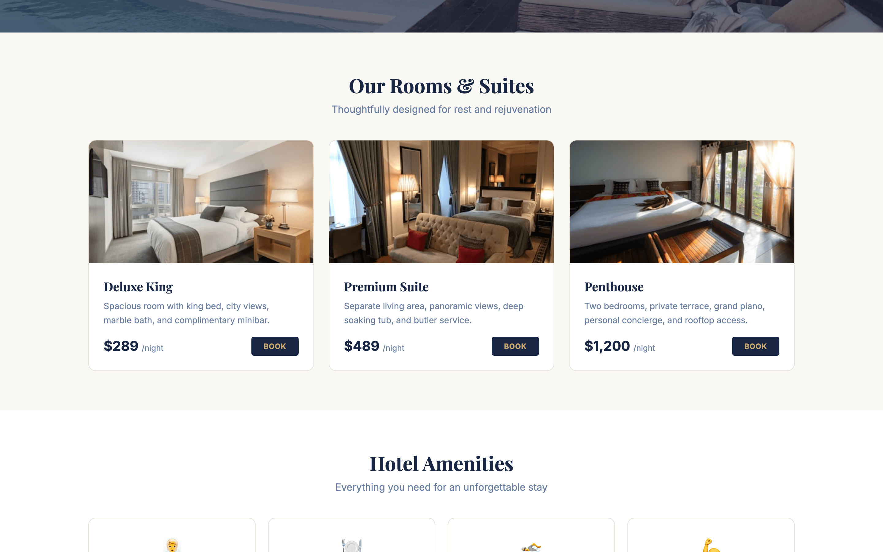 Room types page with suite photos, amenities, and pricing