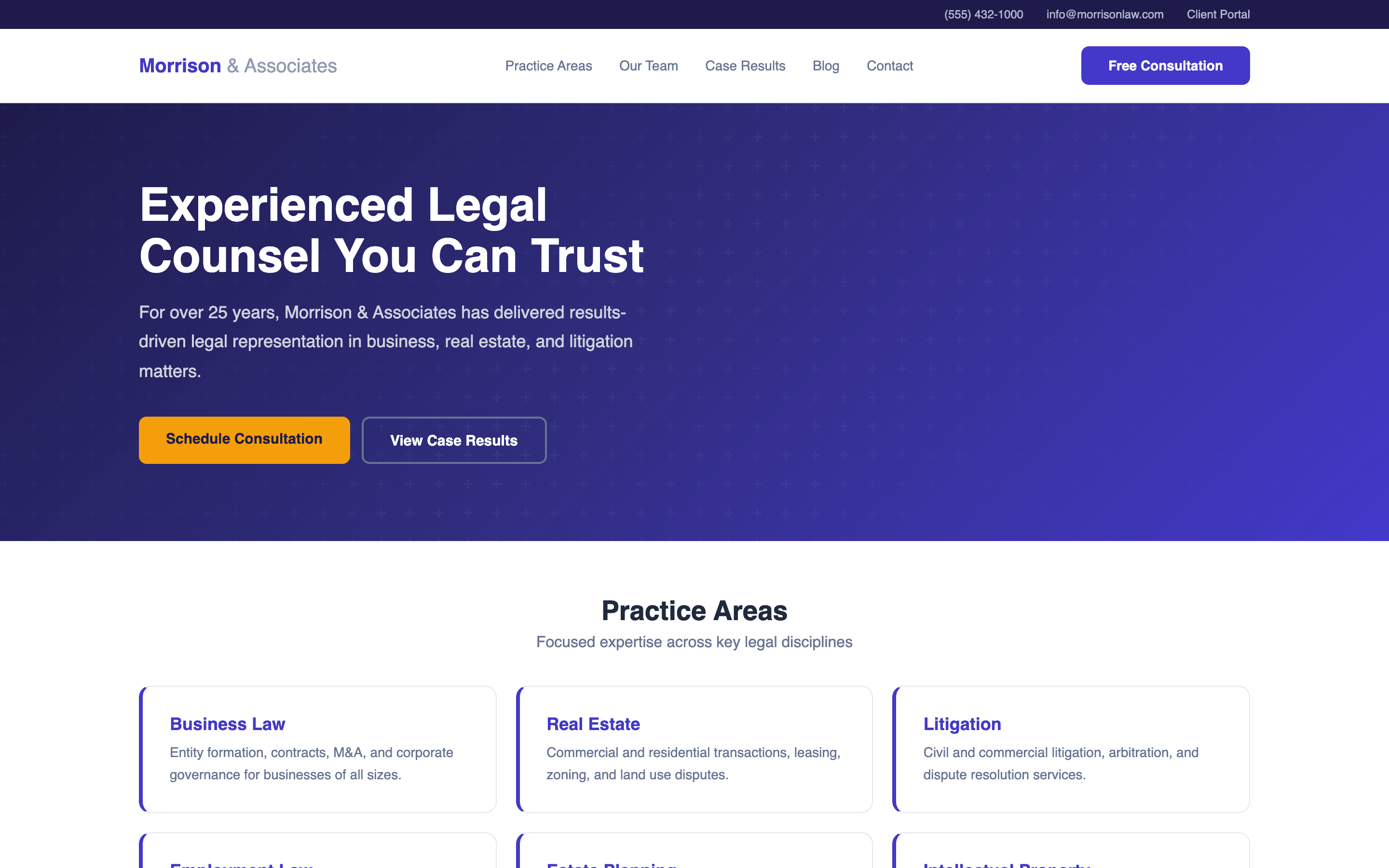 Law firm homepage with dark hero, gold CTA, and practice areas