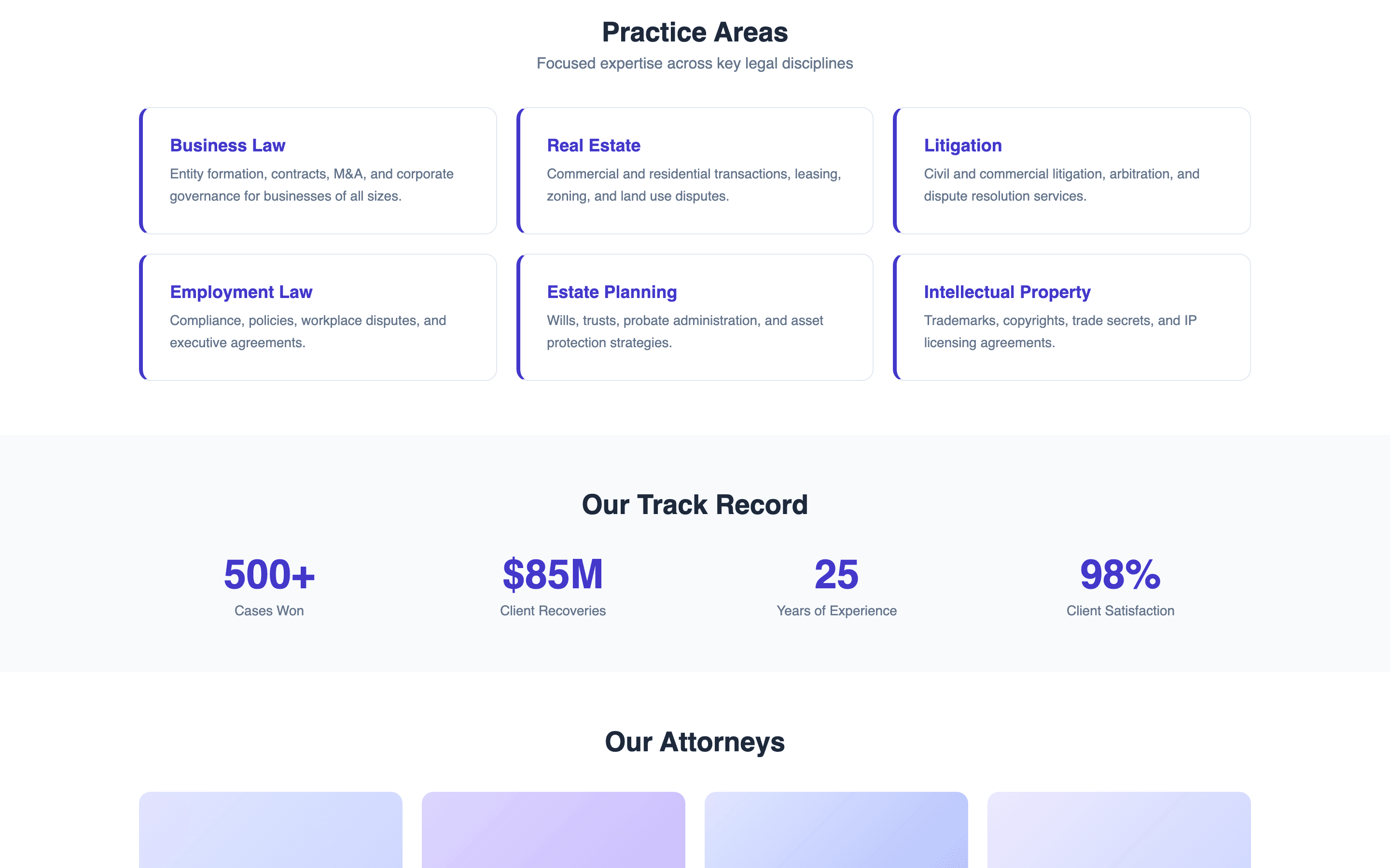Practice areas section with business law, real estate, litigation cards
