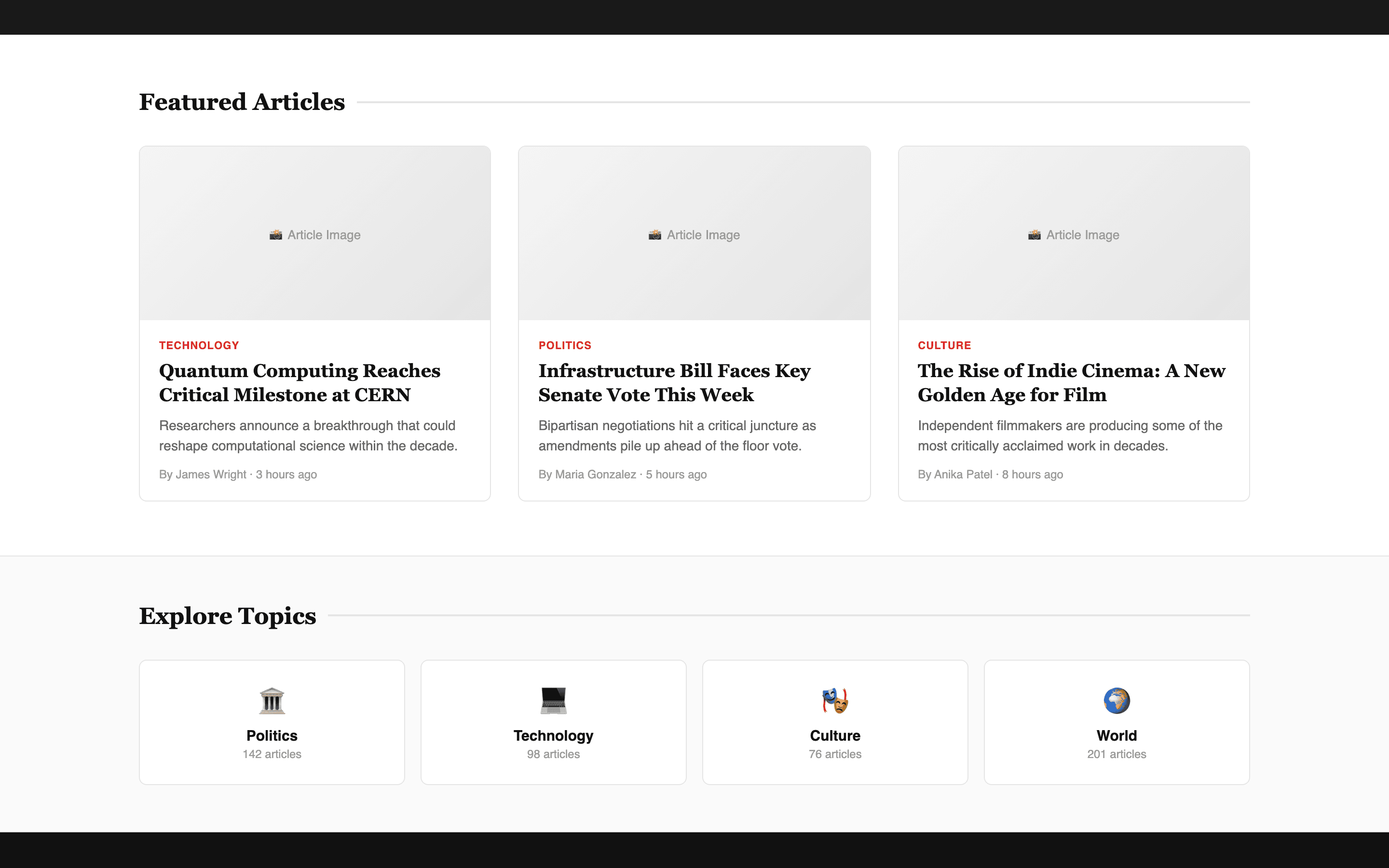 Article listing with category filtering and trending sidebar