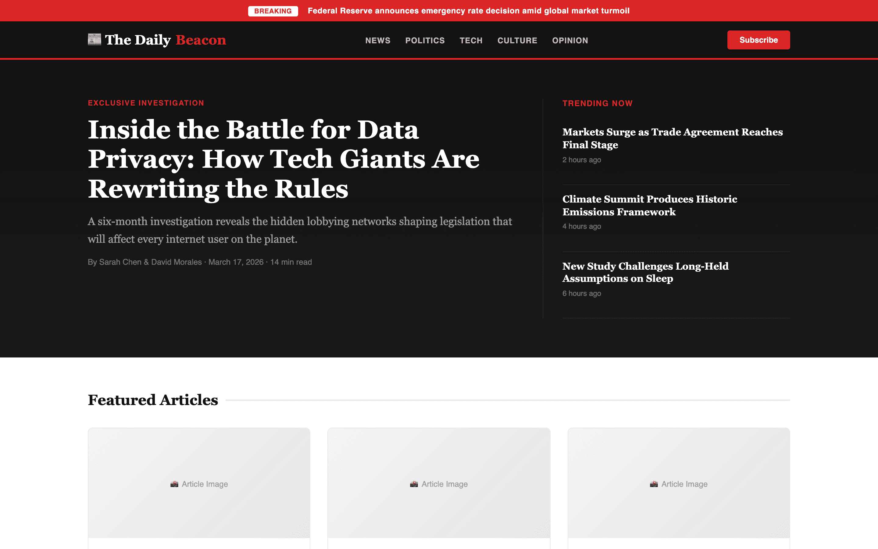 News publication homepage with breaking news banner and article grid