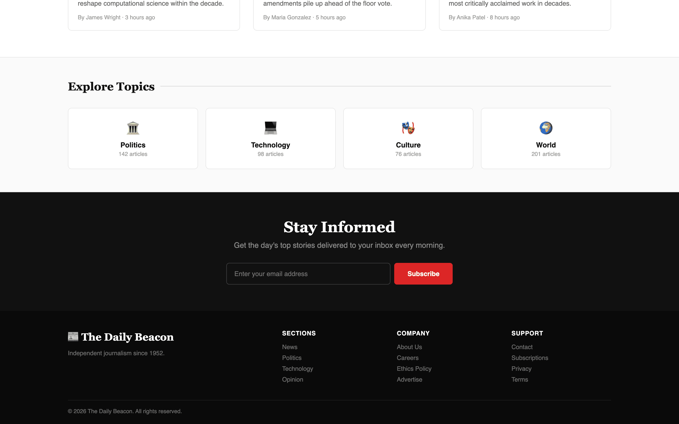 Newsletter signup section with latest issue preview