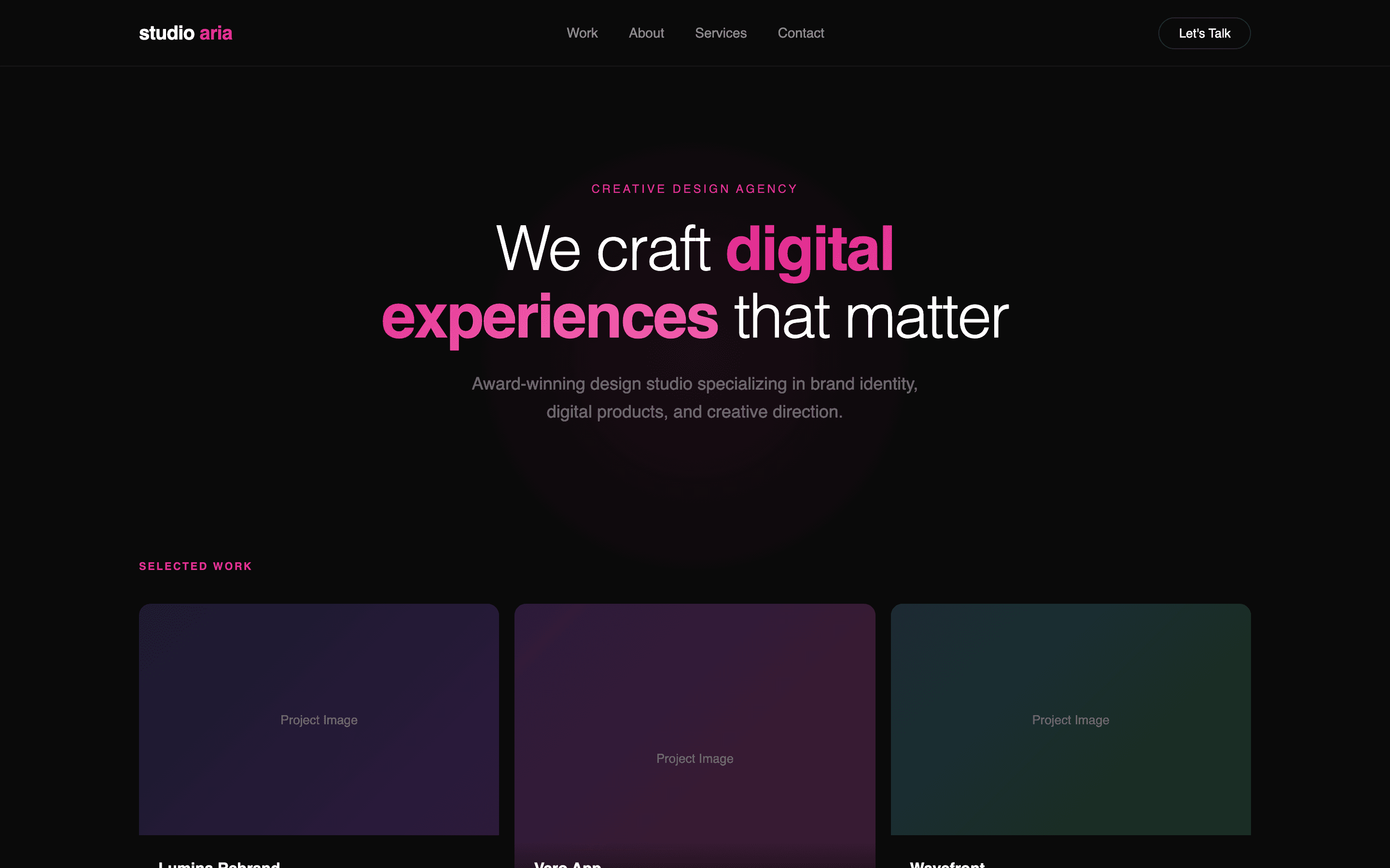 Portfolio homepage with minimal dark design and featured project