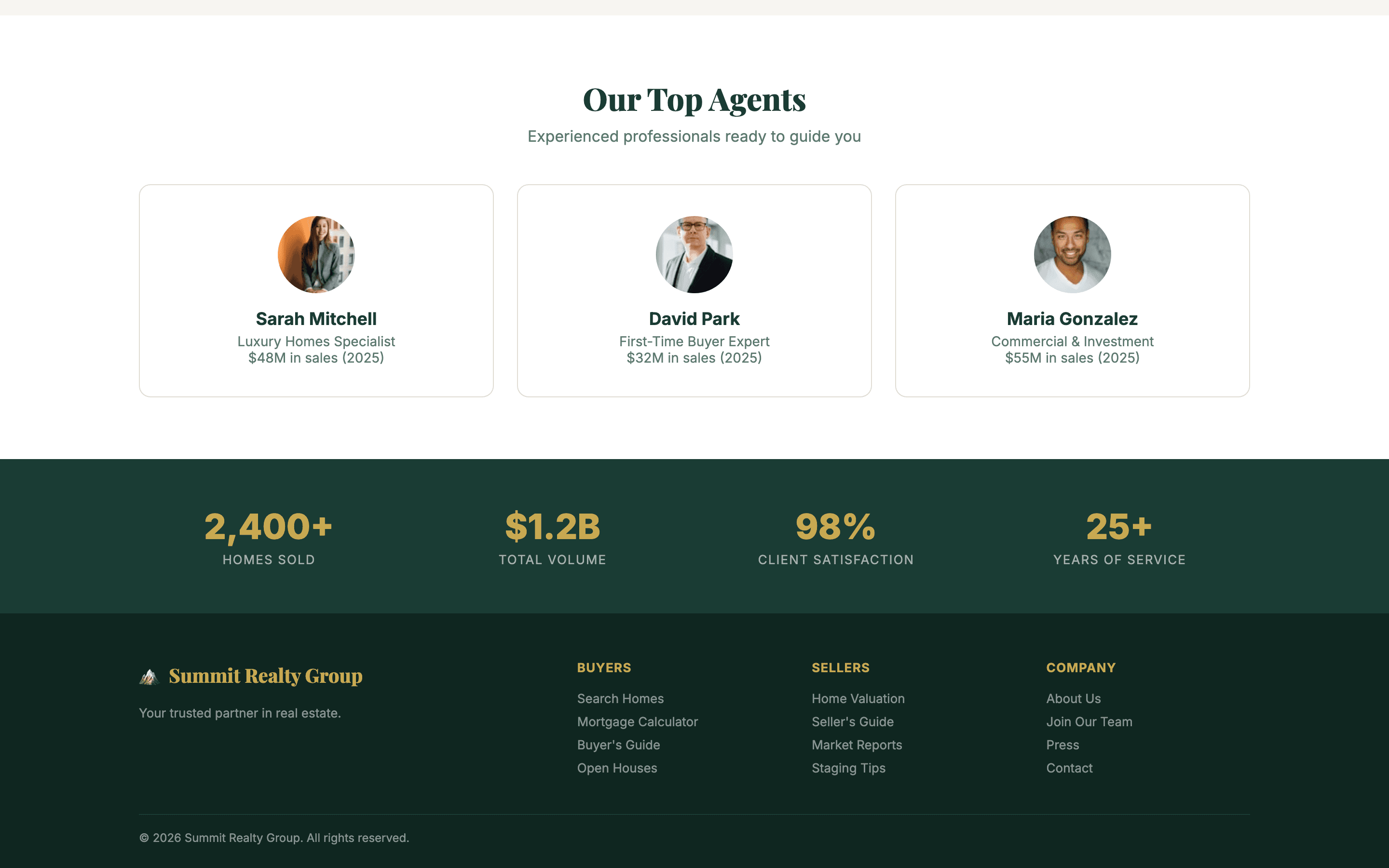 Agent directory with profiles, specialties, and contact information