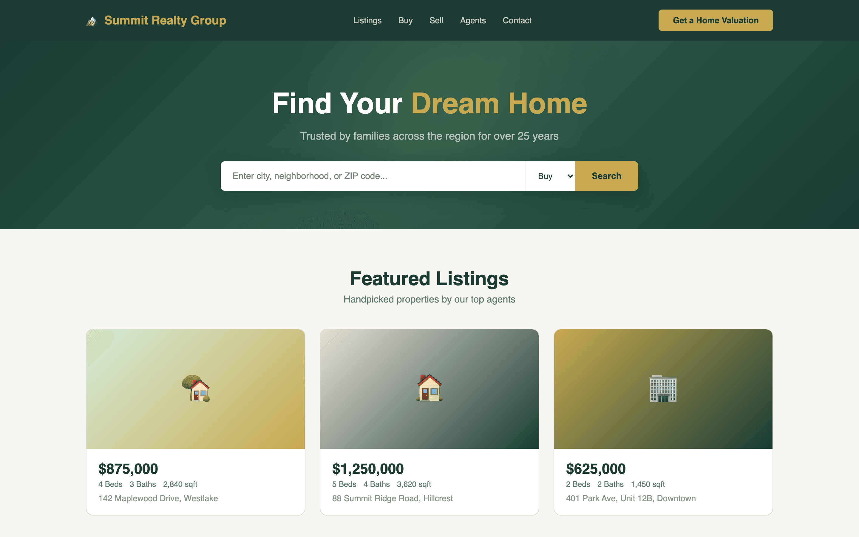 Real estate homepage with property search hero and featured listings