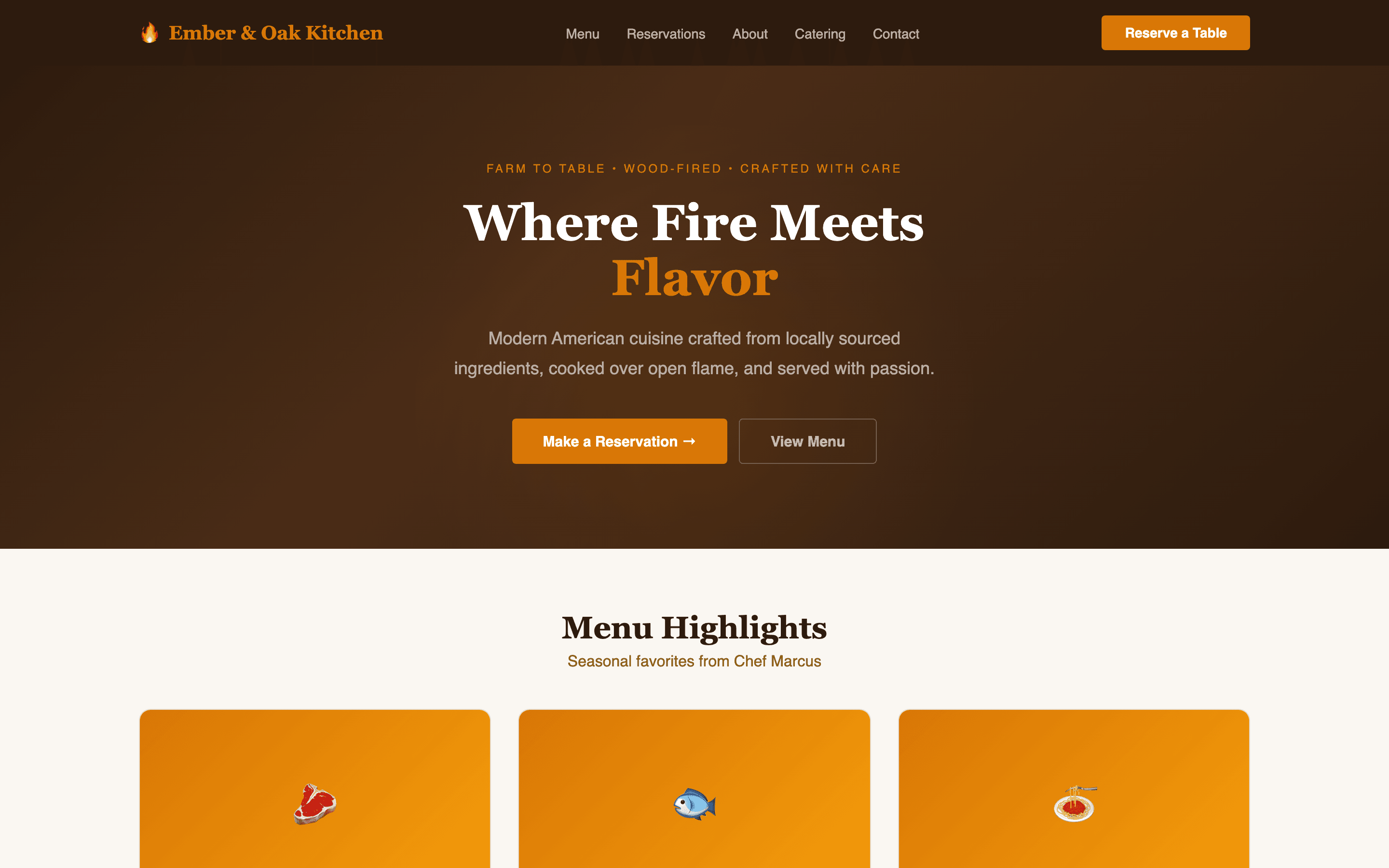 Restaurant homepage with fullscreen food photography and reservation CTA