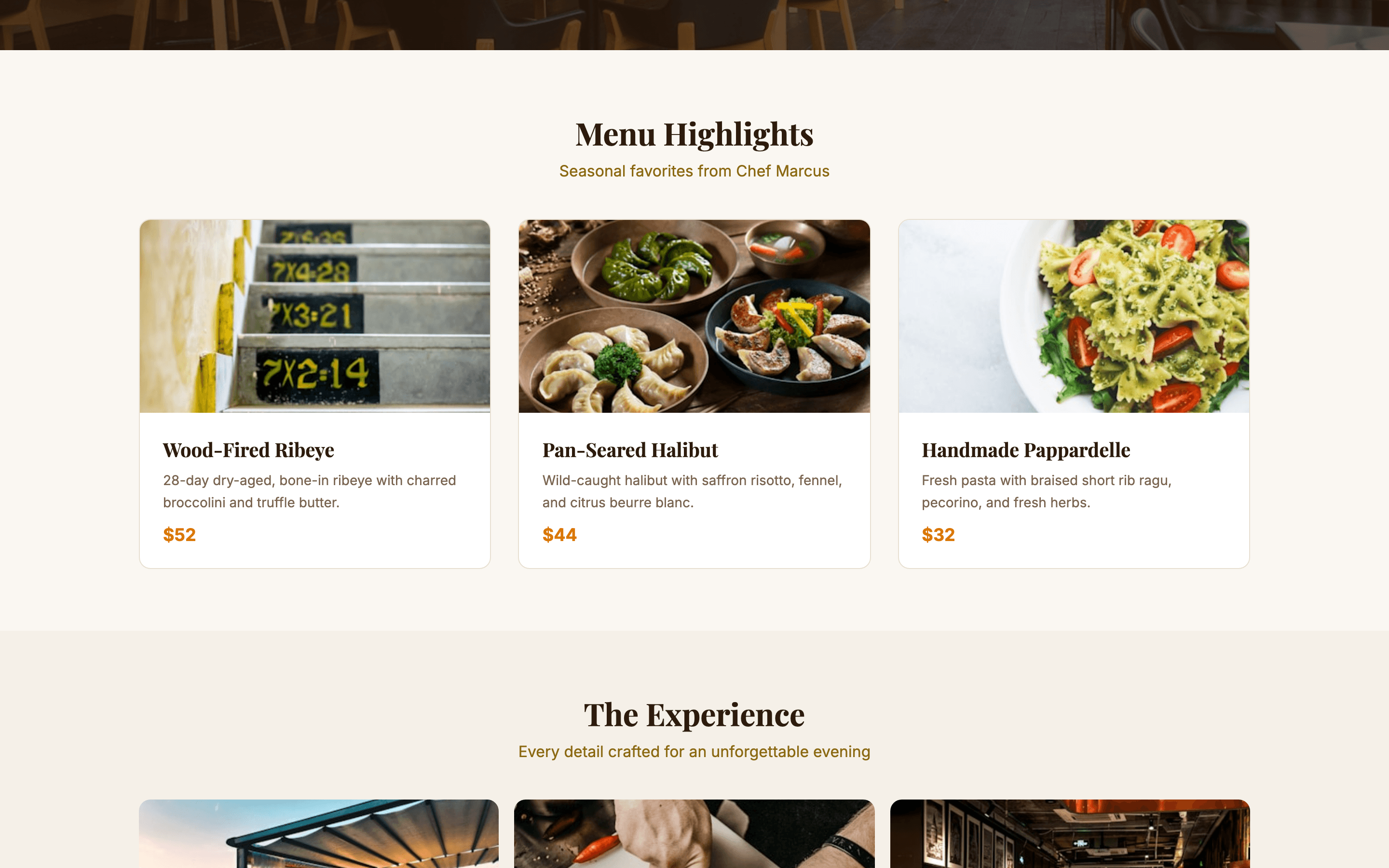 Restaurant menu page with categorized dishes and prices
