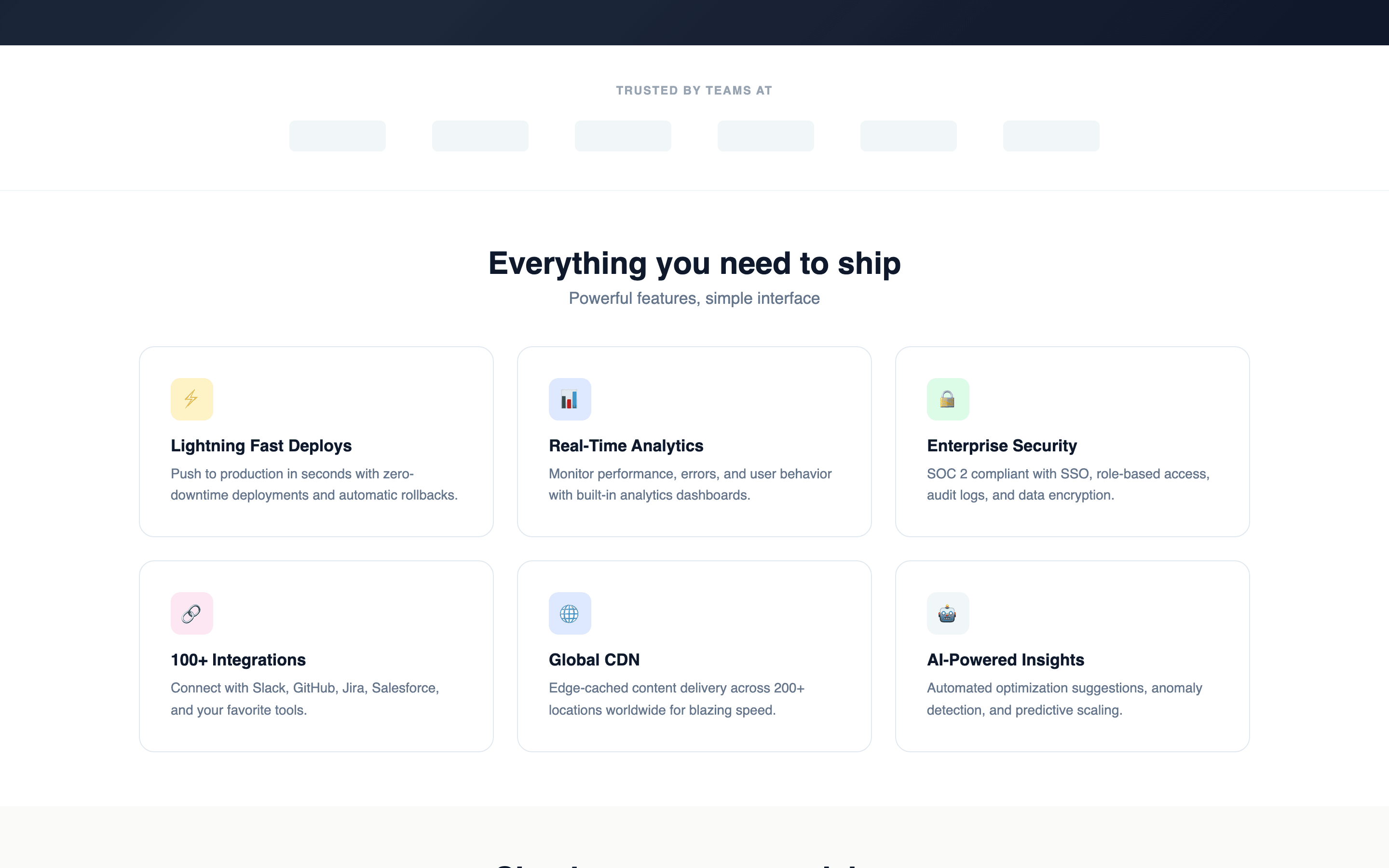 Feature grid showing deploys, analytics, security, integrations, CDN, and AI