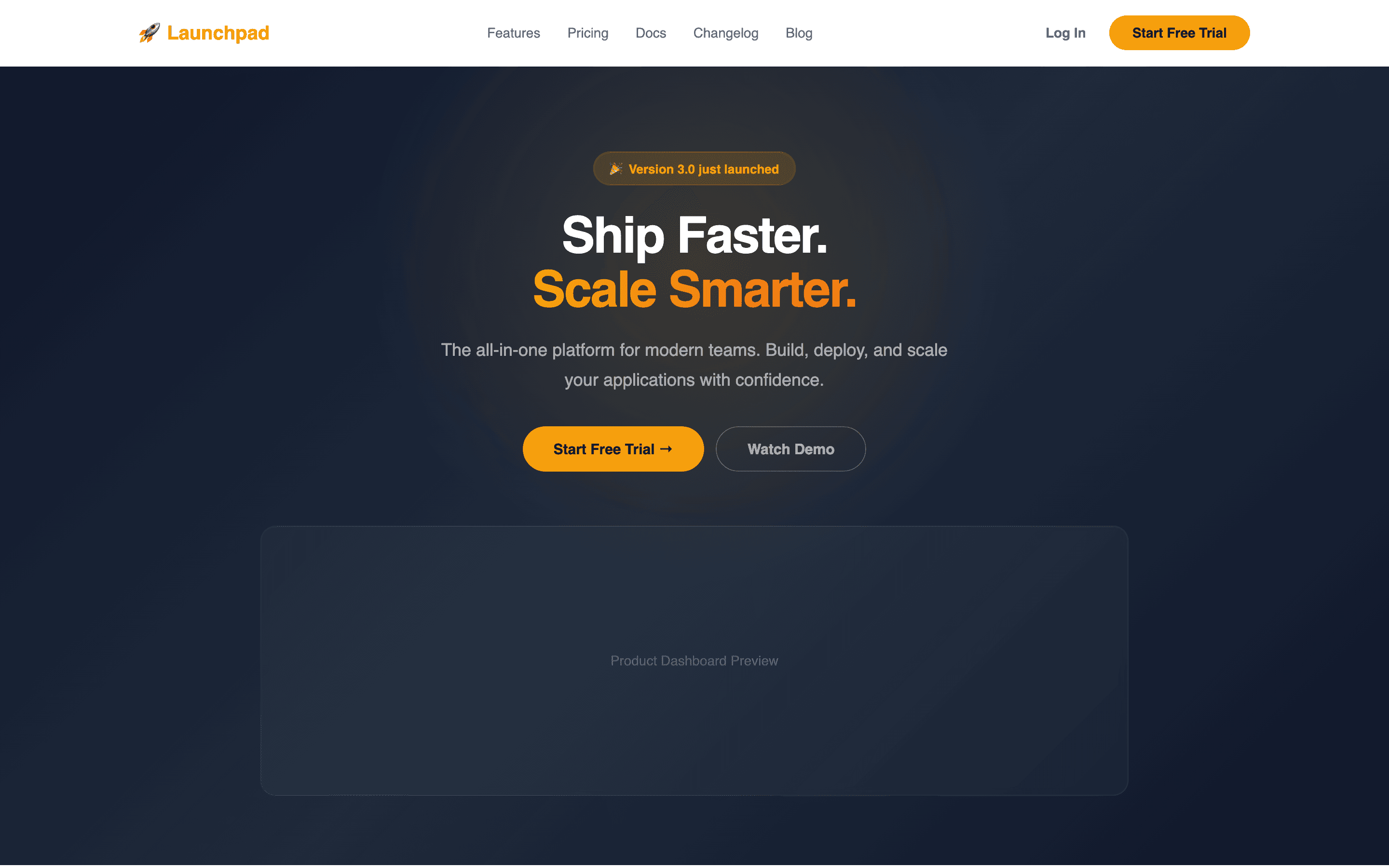 SaaS marketing site with dark hero, gradient text, and product dashboard preview