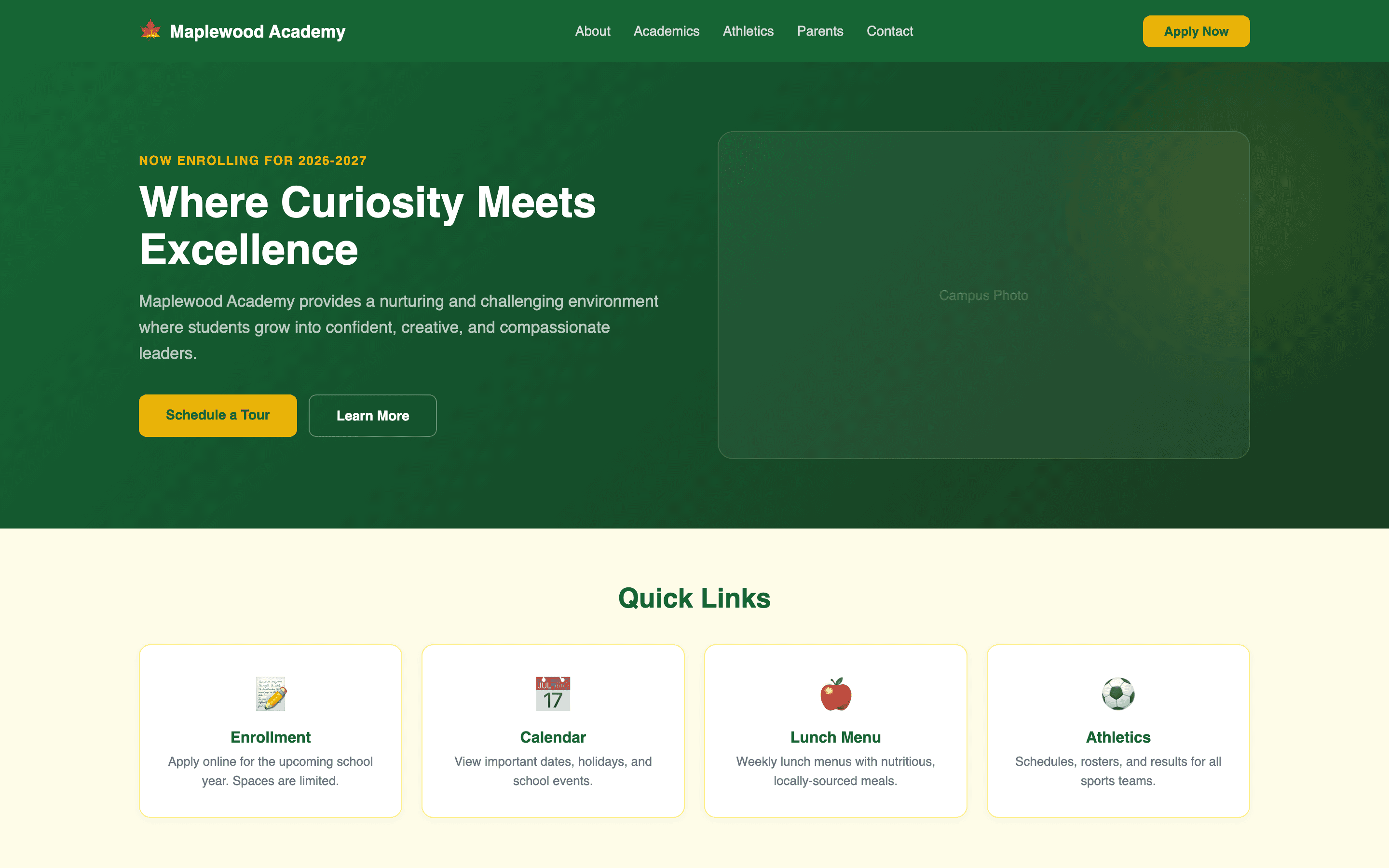 School homepage with friendly hero, quick links, and upcoming events