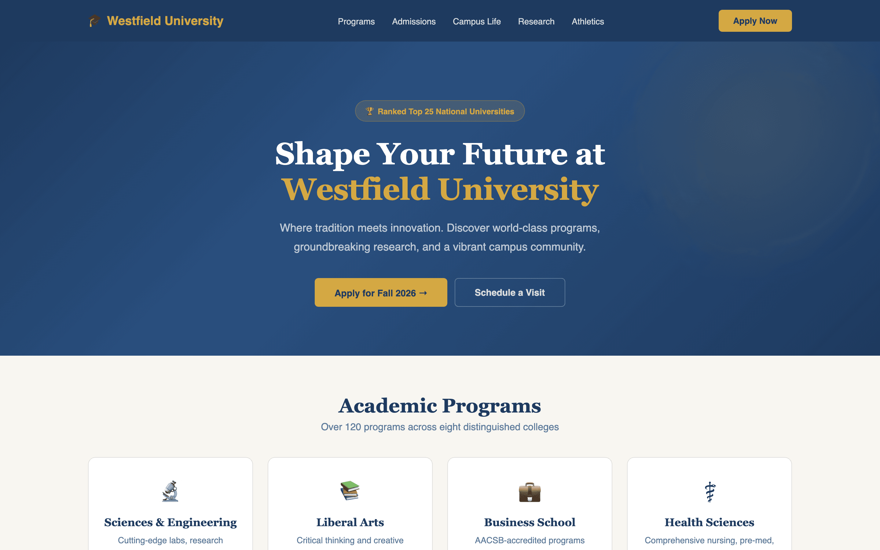 University homepage with academic hero, program highlights, and campus navigation